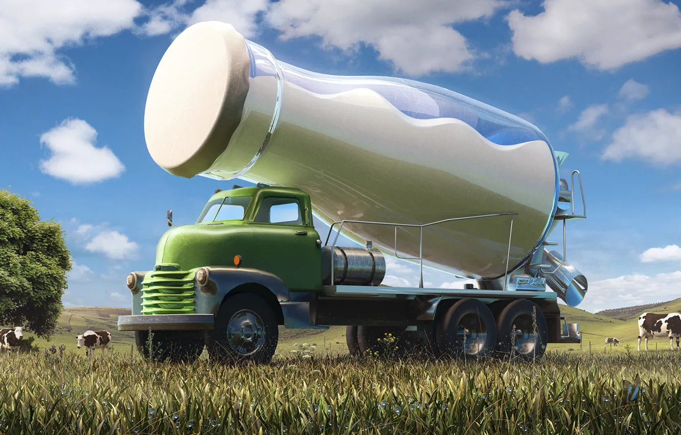 Photo wallpaper field, cows, milk, car, bottle, Creative Streams, milktruck