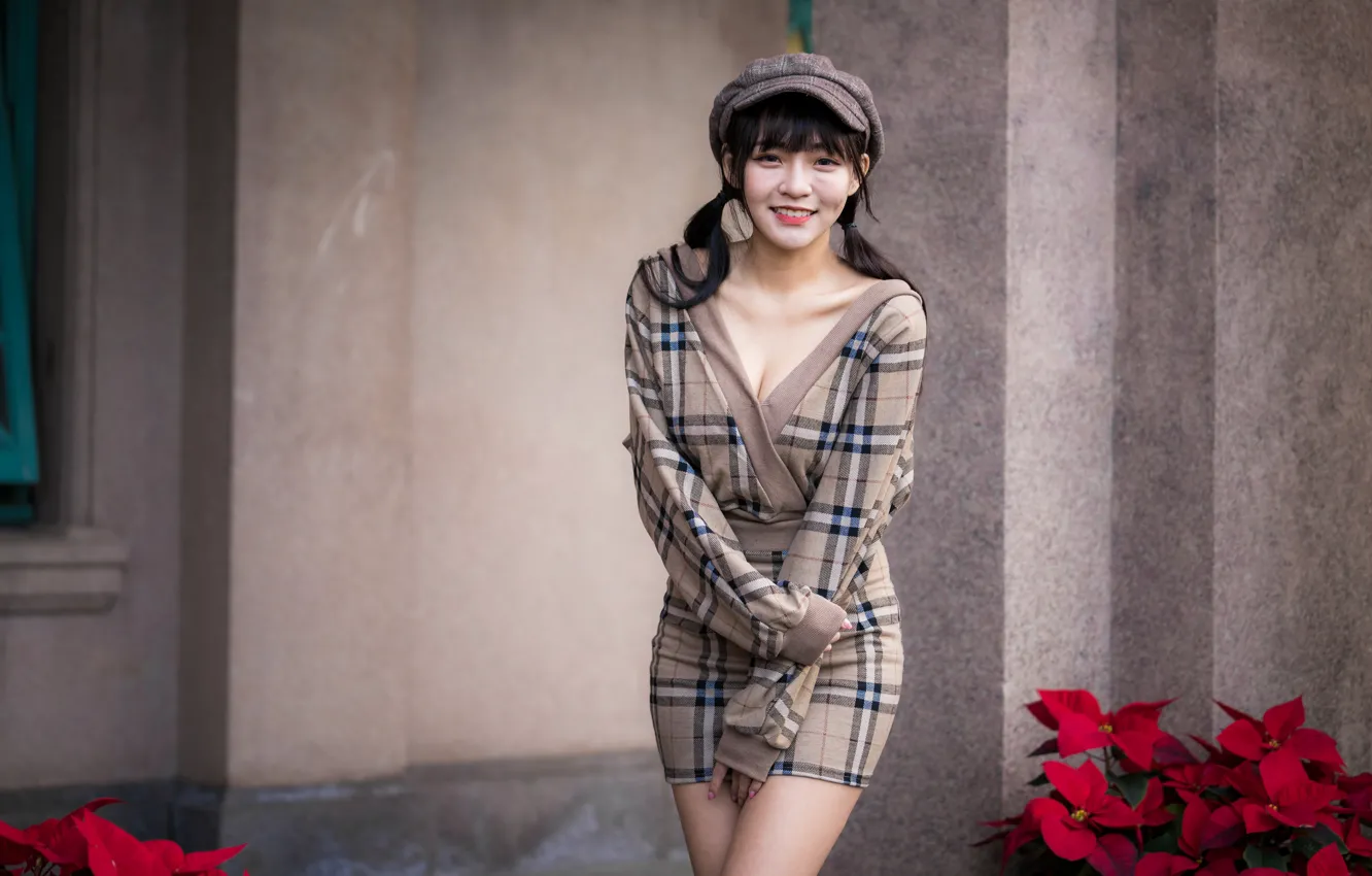 Photo wallpaper girl, smile, dress, cap, Asian