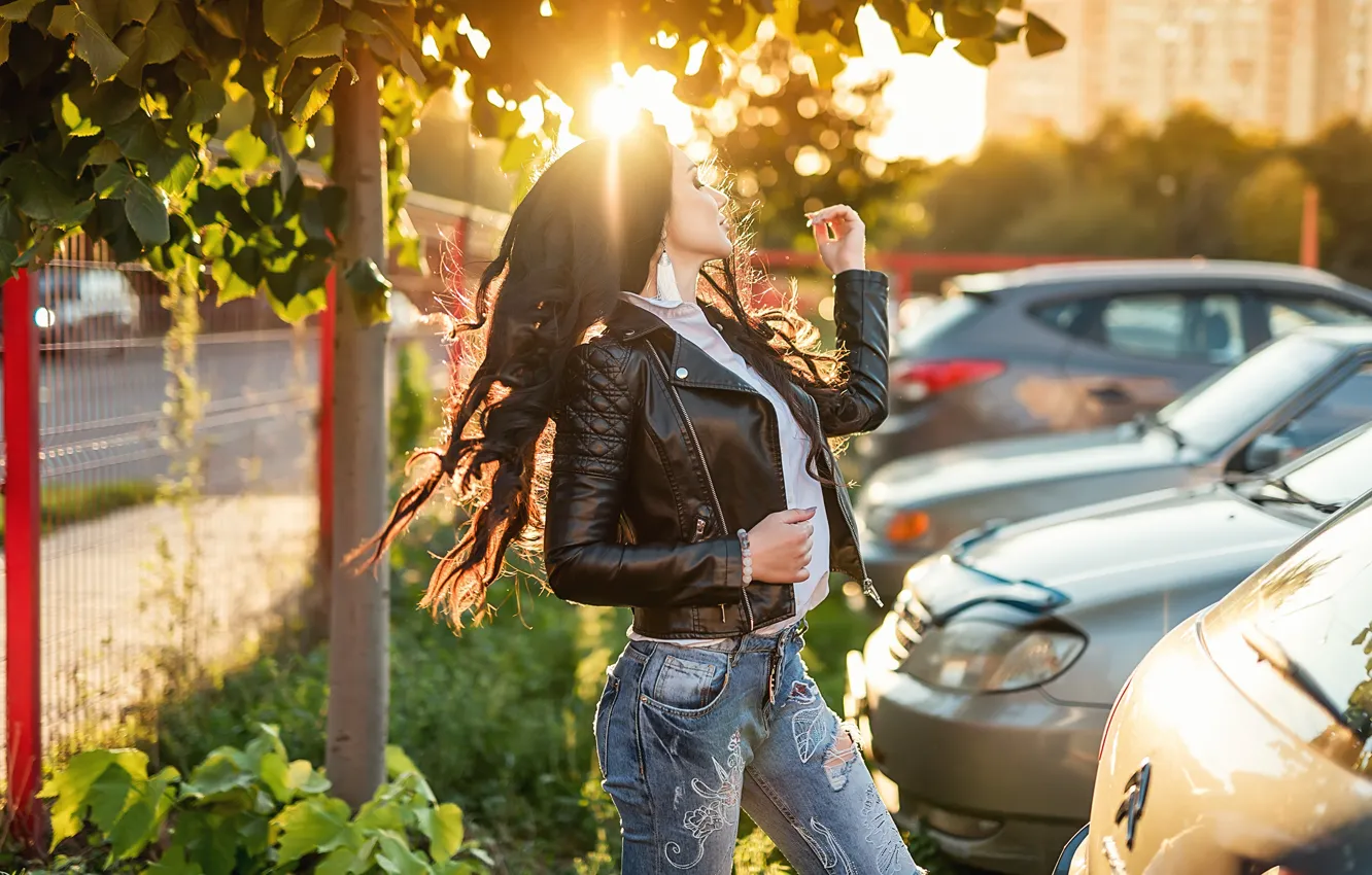 Photo wallpaper machine, girl, pose, hair, brunette, curls, A Diakov George