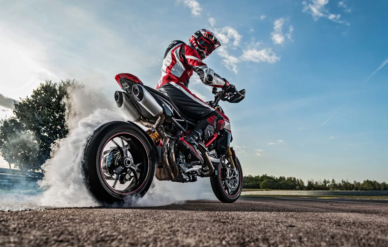 Photo wallpaper Ducati, sky, bike, smoke, tires, warming up, racing track