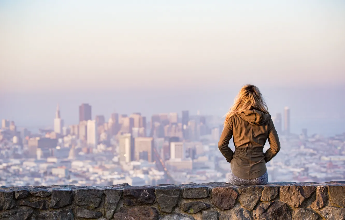 Photo wallpaper girl, the city, view, Platform, Viewing City, Woman on Rock