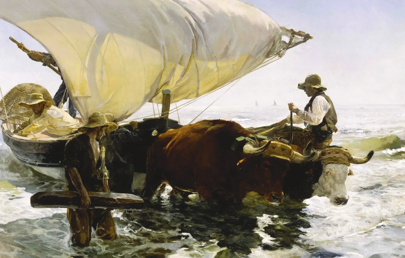 Photo wallpaper boat, picture, sail, seascape, genre, Joaquin Sorolla, Return from Fishing
