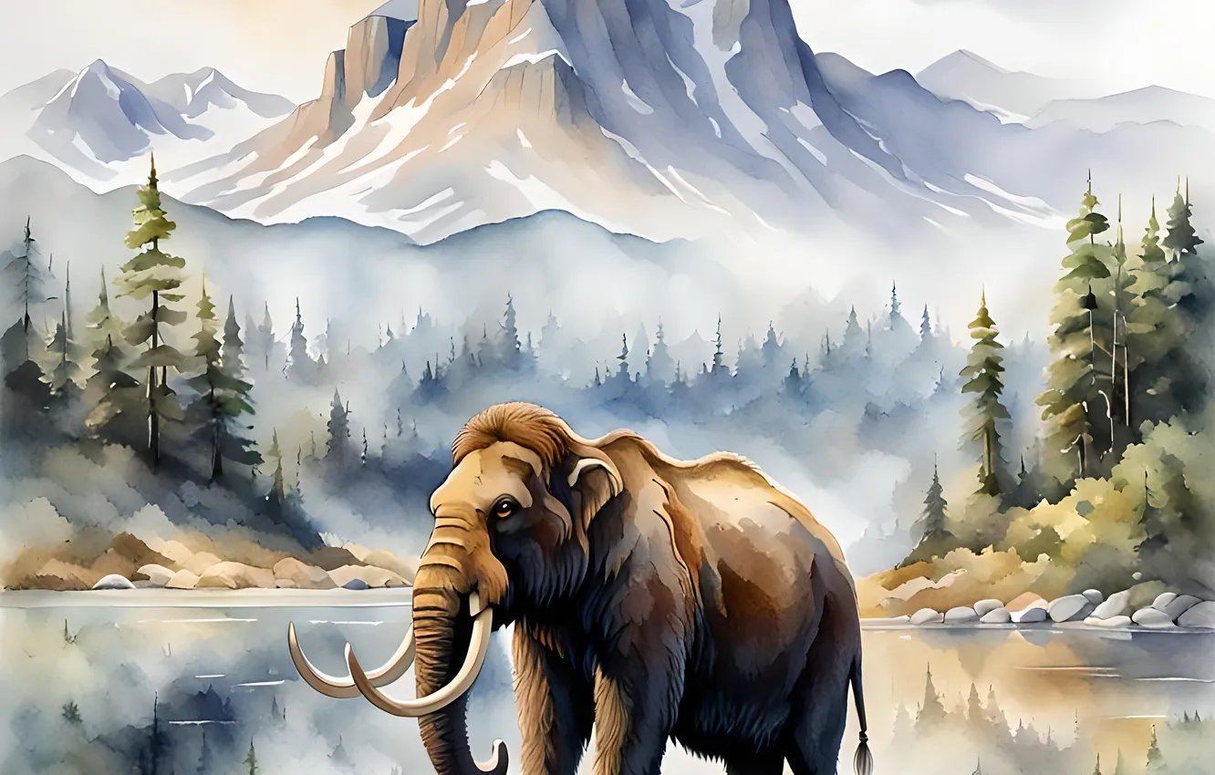 Photo wallpaper forest, mountains, reflection, rocks, shore, elephant, pond, mammoth