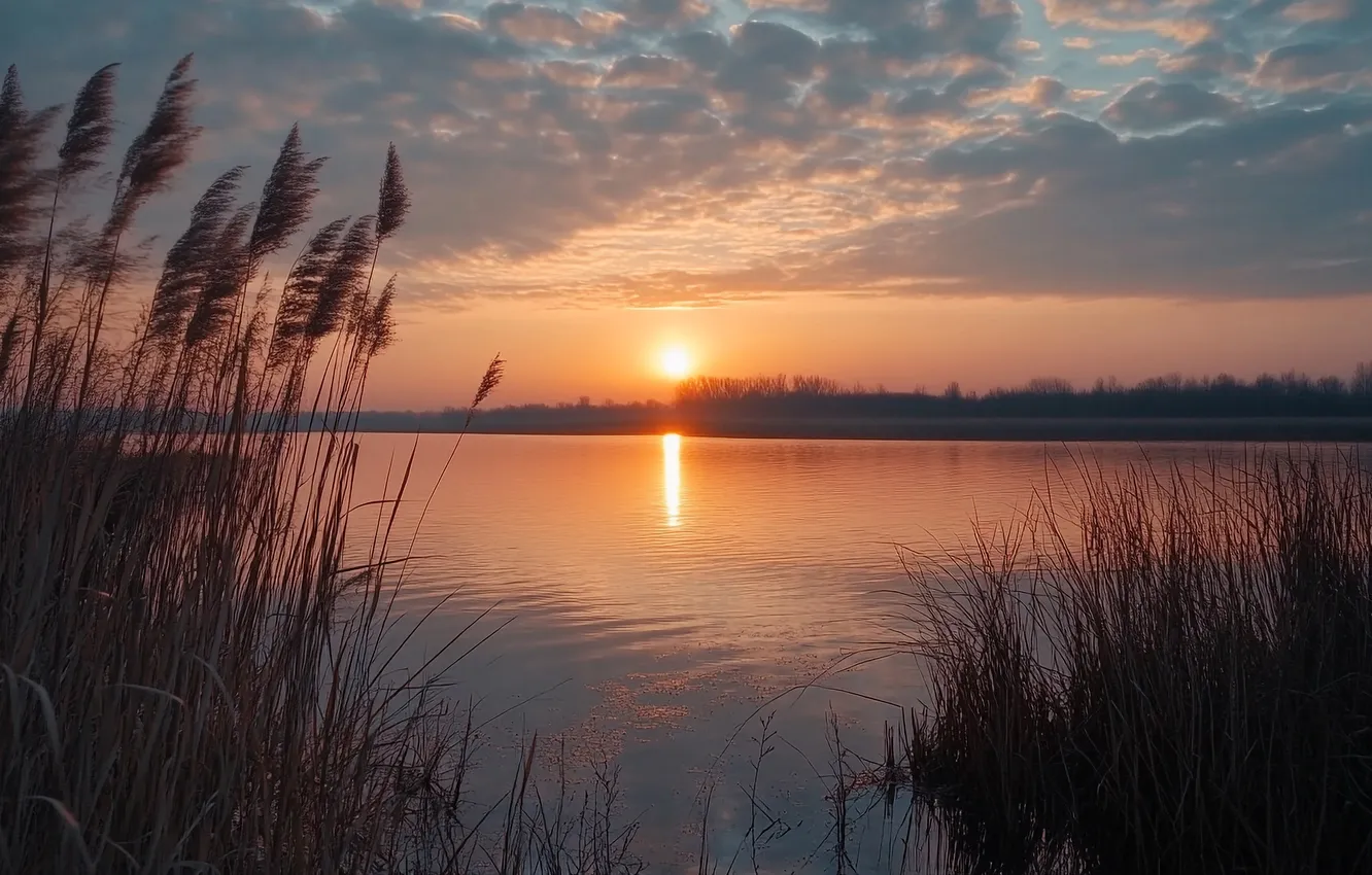 Photo wallpaper the sky, the sun, clouds, sunset, lake, dawn, shore, dal
