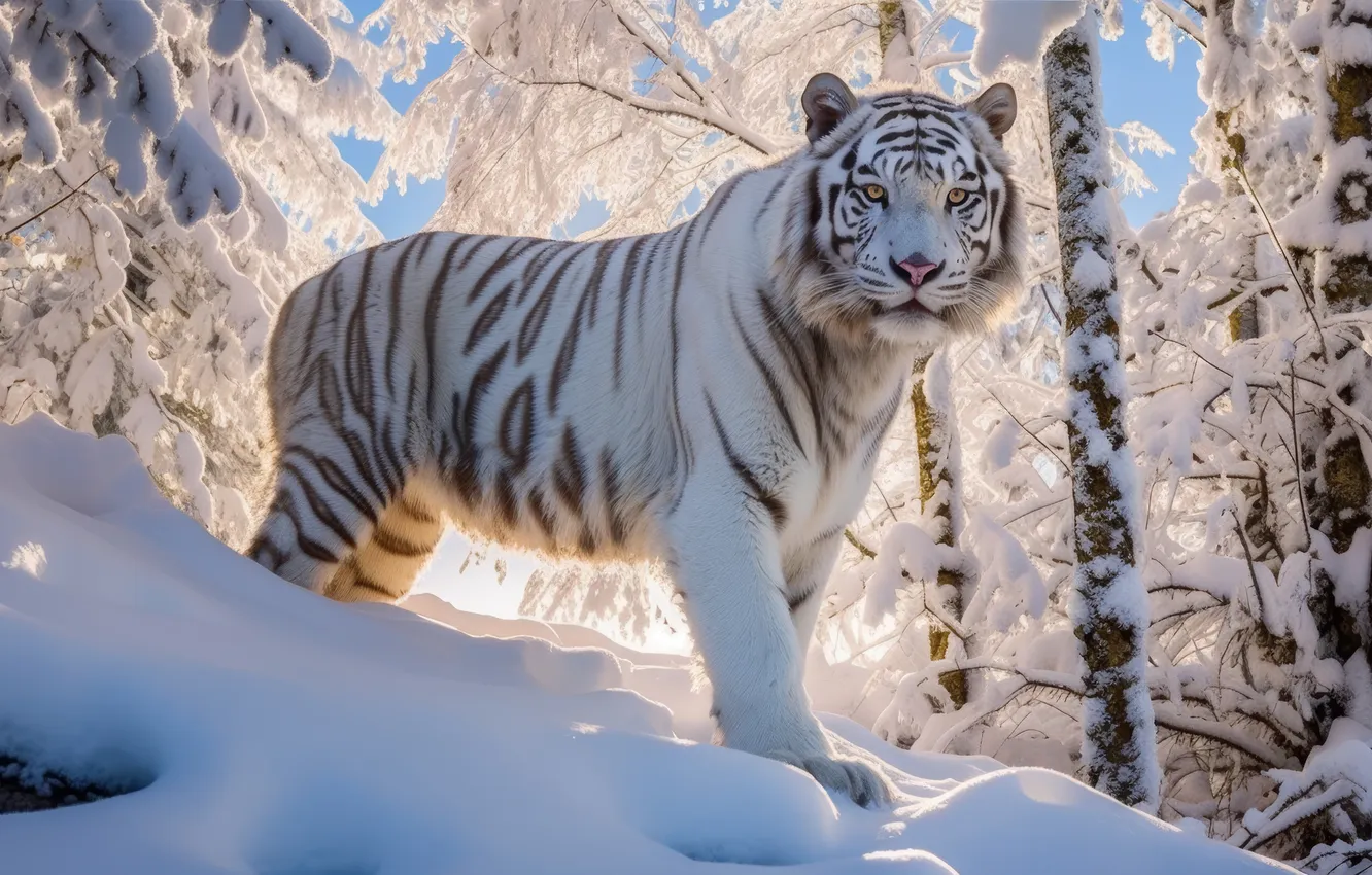 Photo wallpaper winter, frost, forest, white, snow, nature, tiger, AI art