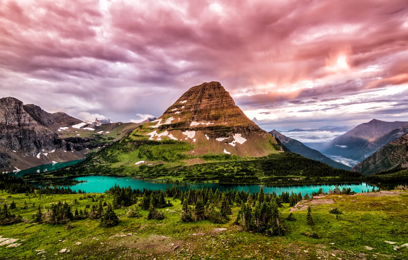 Photo wallpaper clouds, trees, mountains, lake, stones, rocks, Canada, Glacier National Park