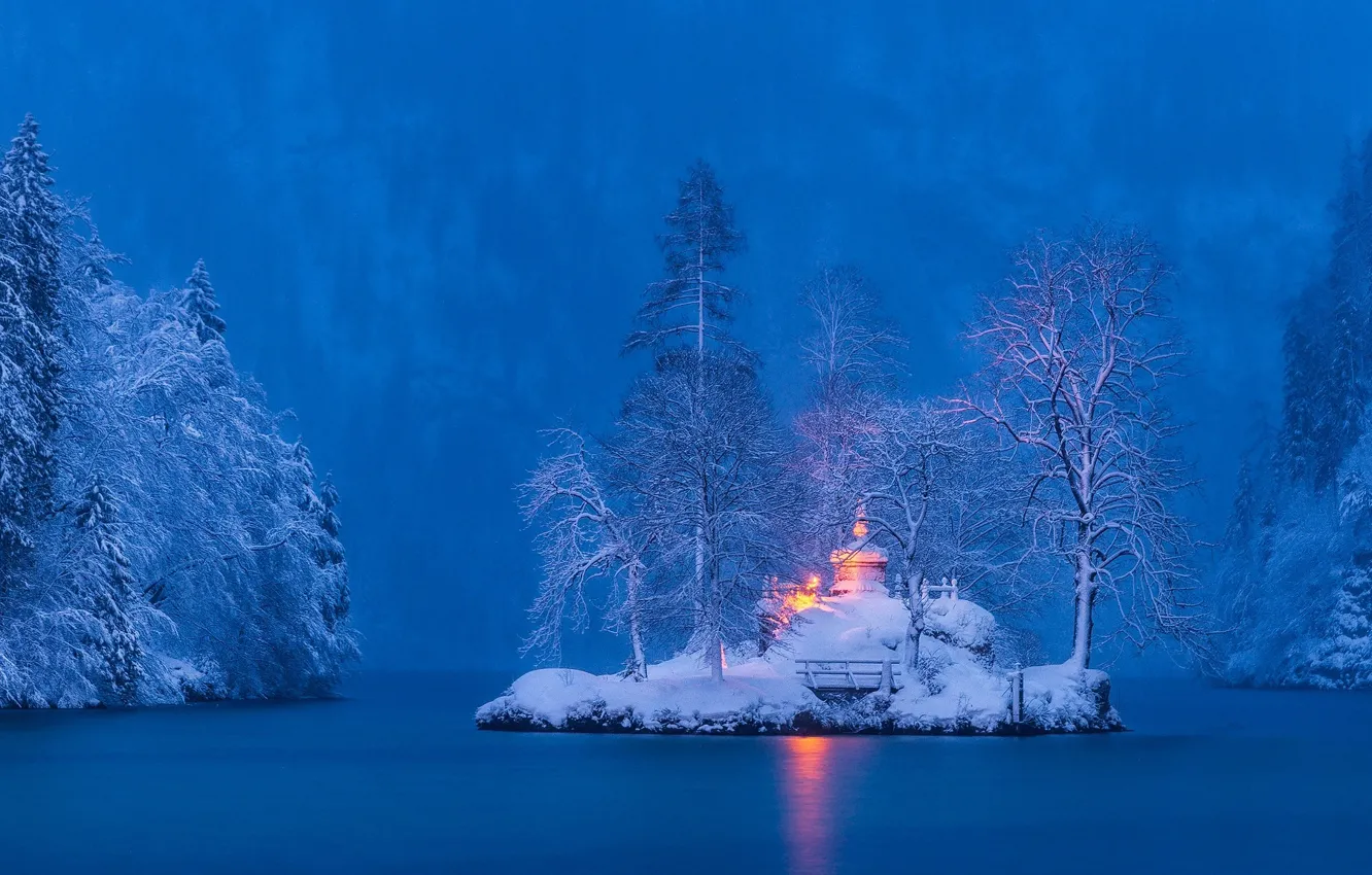 Photo wallpaper winter, snow, trees, landscape, nature, lake, Germany, Bayern