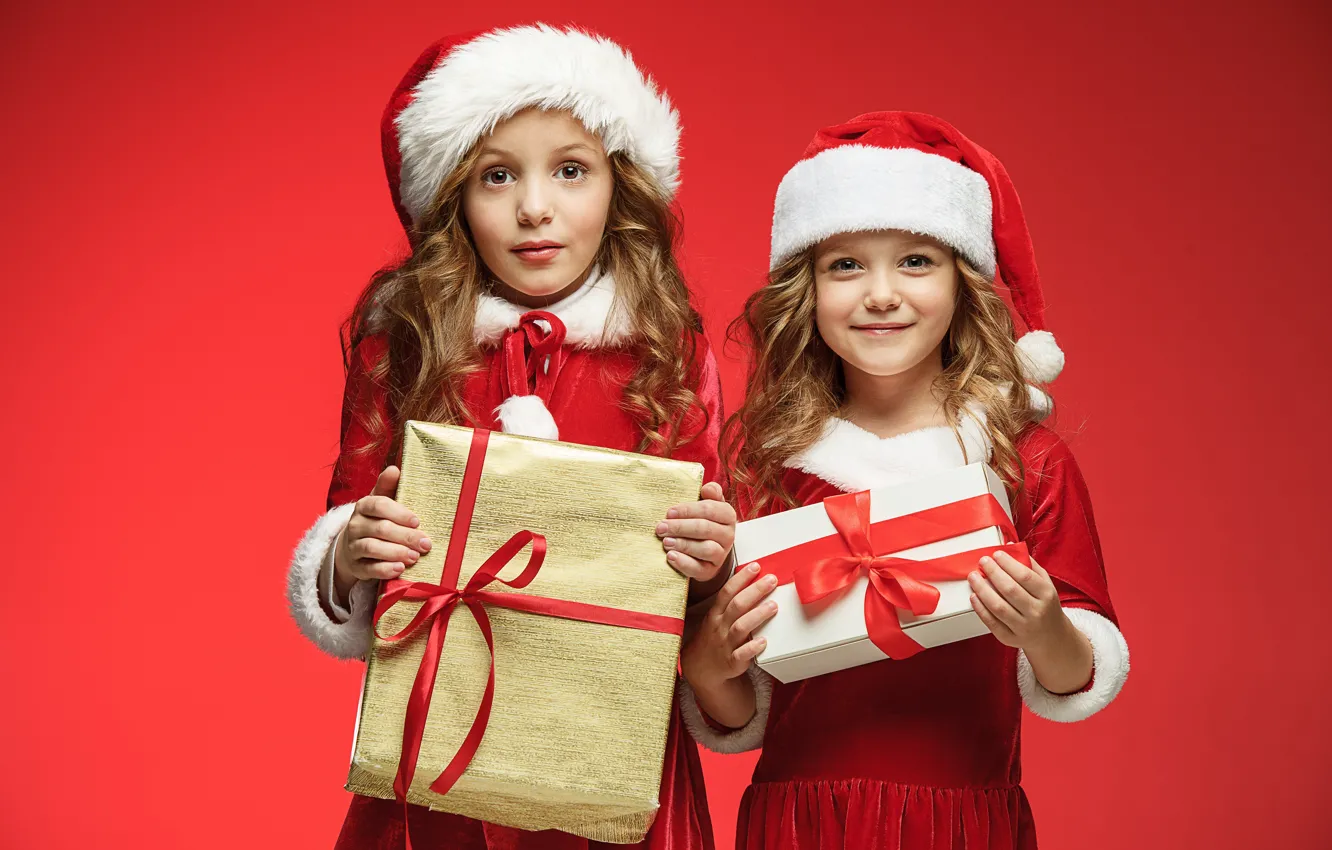 Photo wallpaper look, children, pose, smile, girls, Christmas, gifts, New year