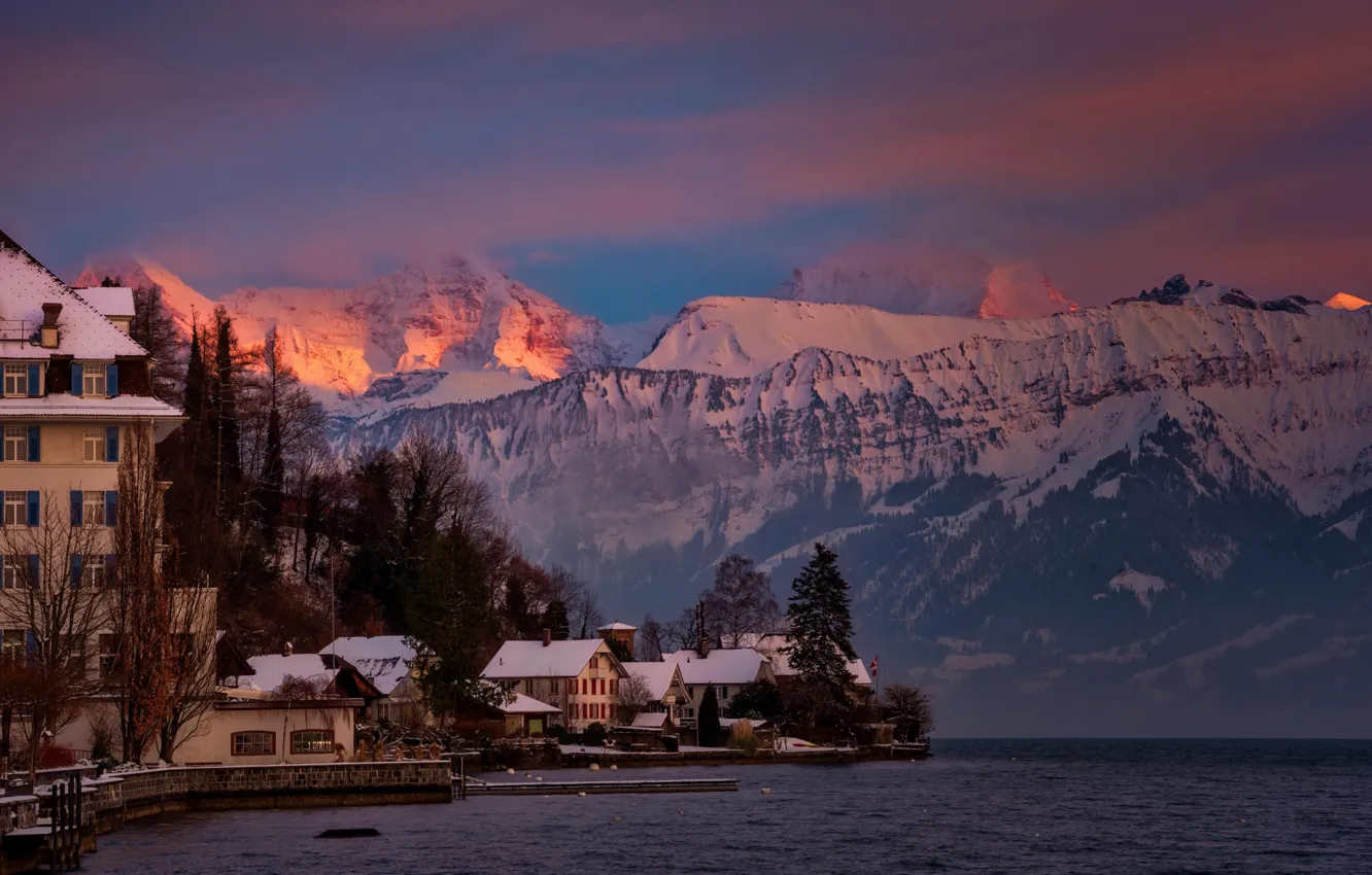 Photo wallpaper winter, snow, landscape, mountains, nature, home, Switzerland, lighting