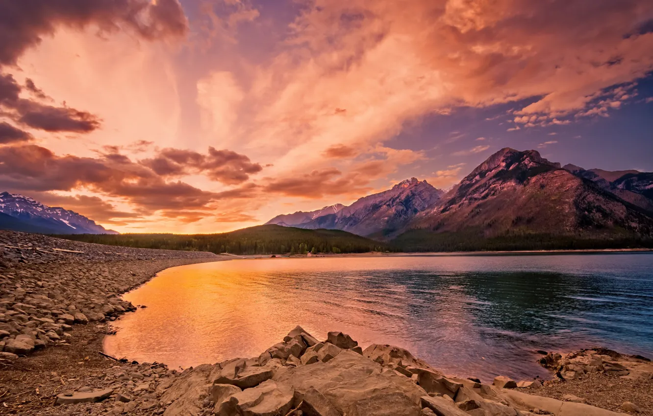 Photo wallpaper landscape, sunset, mountains, lake