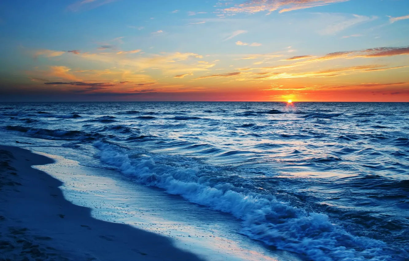 Photo wallpaper sea, sunset, wave