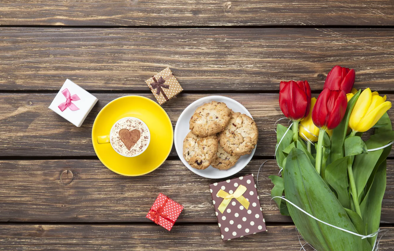 Photo wallpaper flowers, gift, bouquet, colorful, tulips, love, heart, flowers