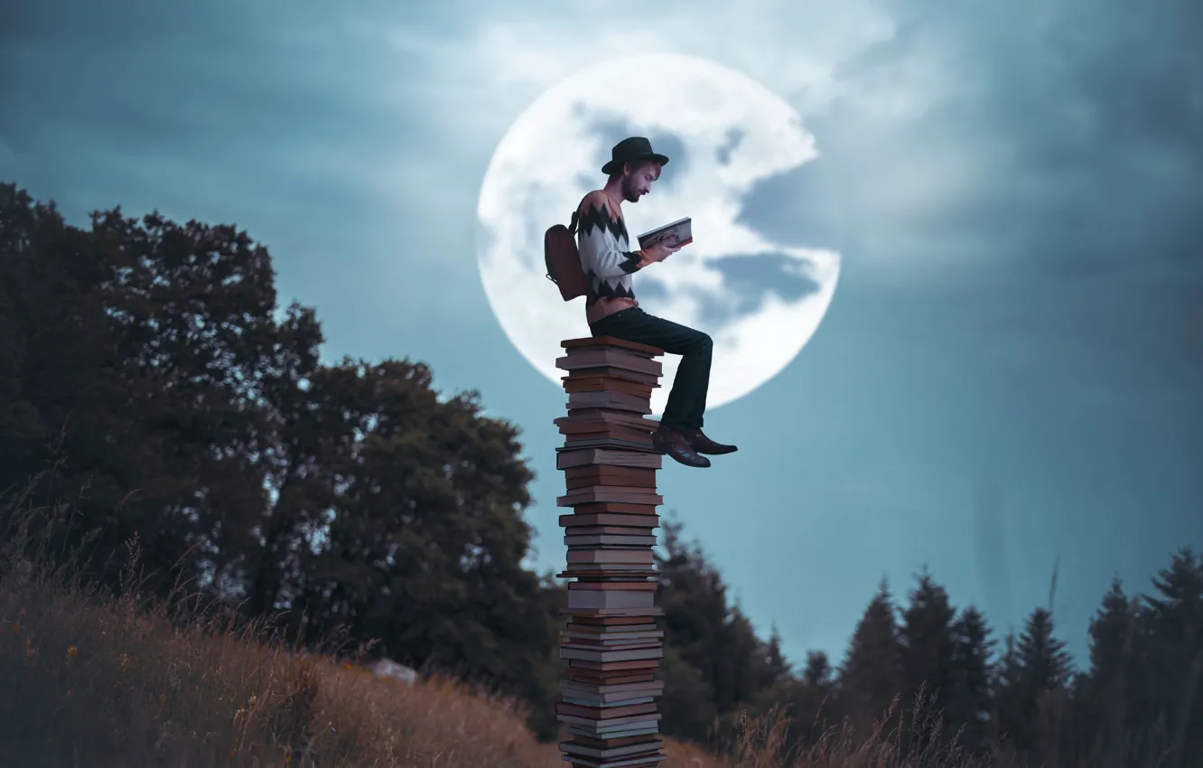 Photo wallpaper the moon, books, reading, Vincent Bourilhon, The night storyteller