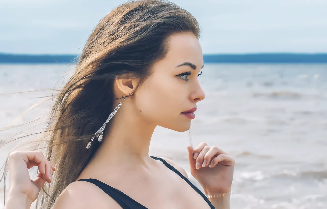 Photo wallpaper sea, the sun, background, model, portrait, hands, makeup, hairstyle