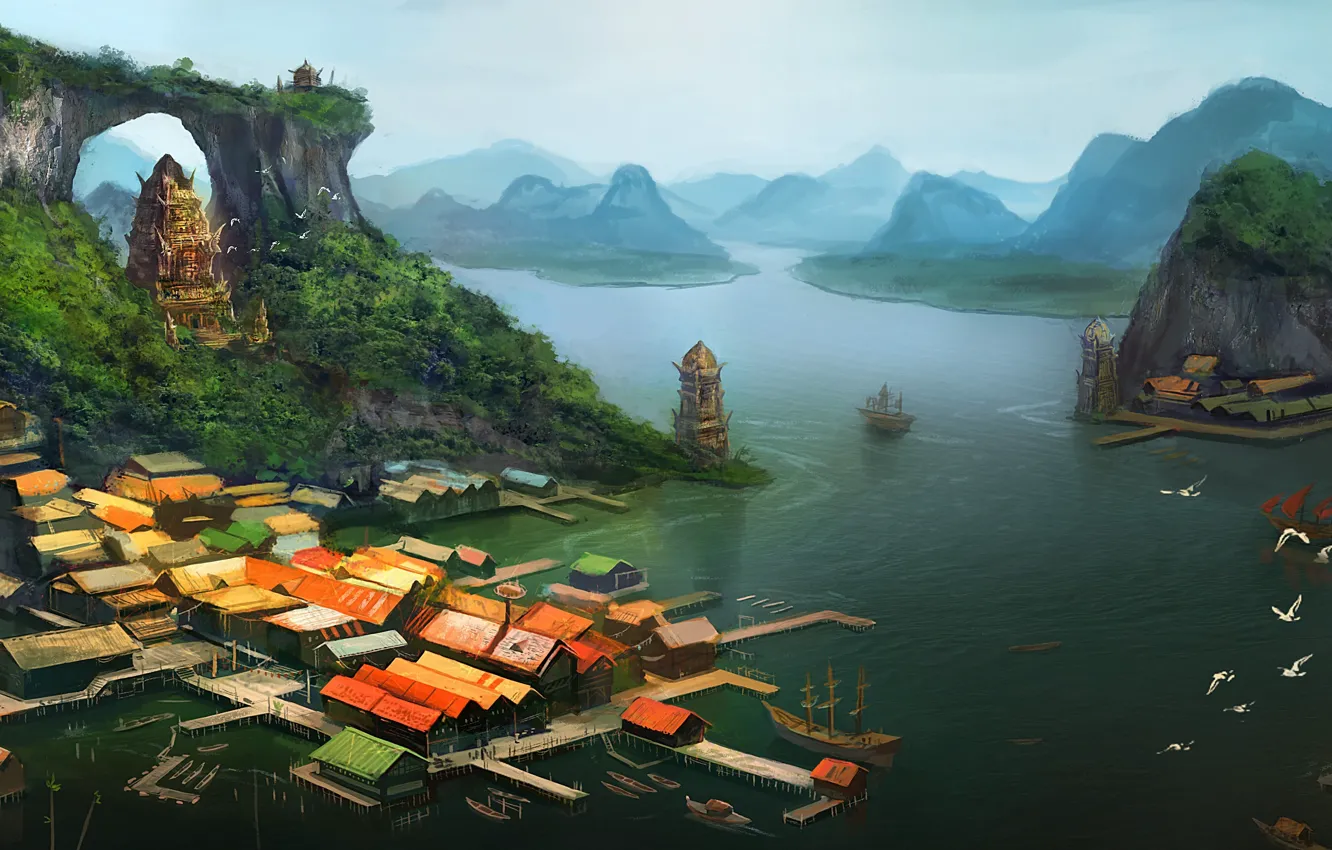 Photo wallpaper sea, view, ship, island, home, art, pierce, arch