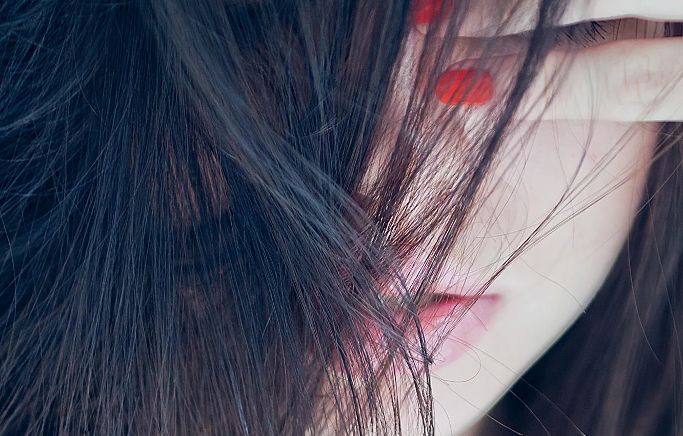 Photo wallpaper girl, hair, hand, lips