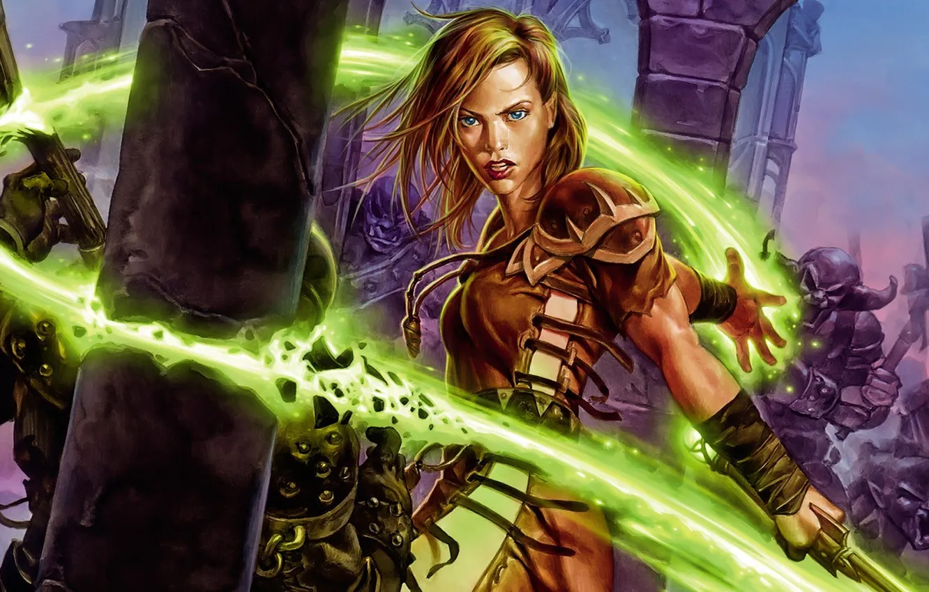 Photo wallpaper girl, weapons, magic, monster, MAG, ruins, amulet, vest