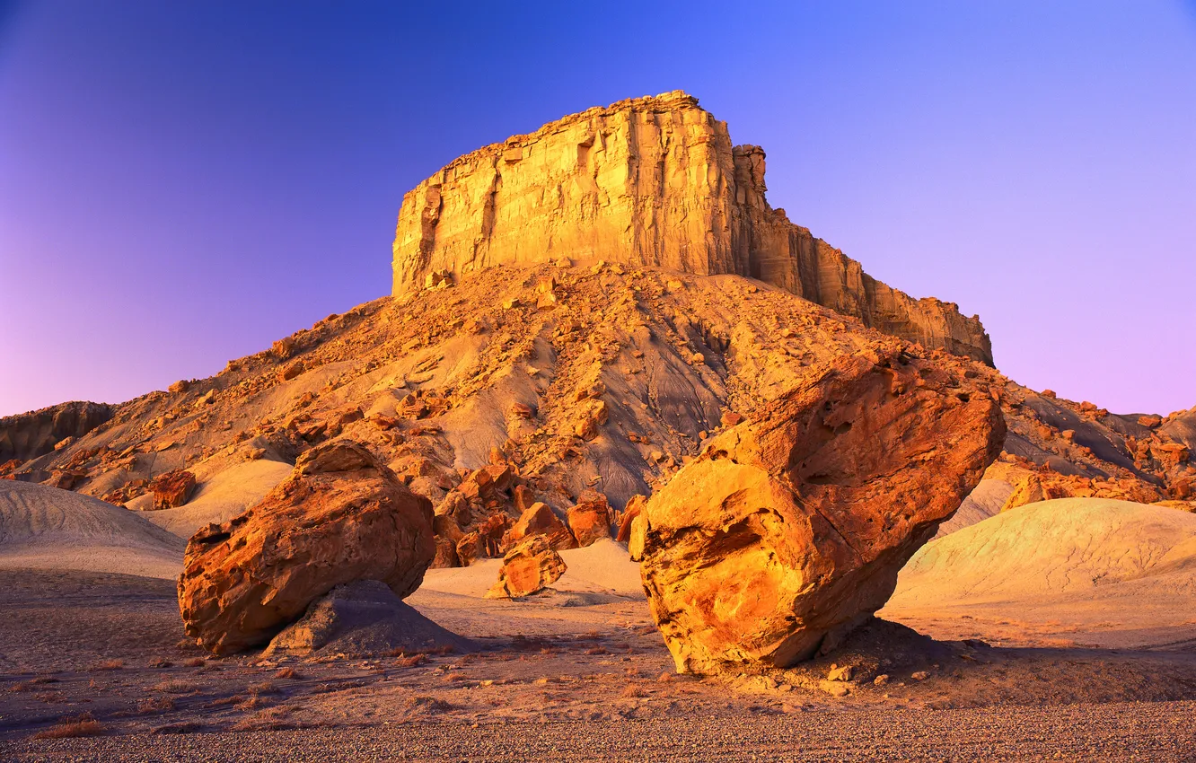 Photo wallpaper the sky, landscape, sunset, mountains, stones, desert, America, Prairie
