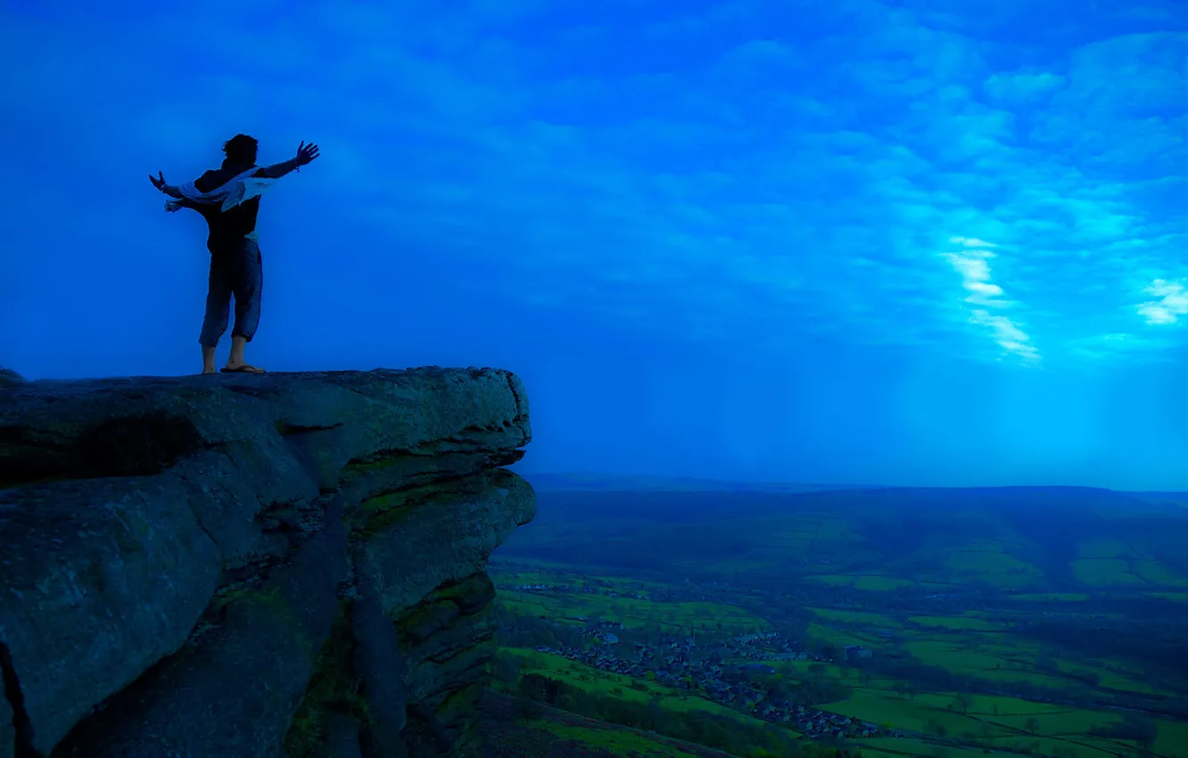 Photo wallpaper the sky, clouds, rocks, view, valley, male