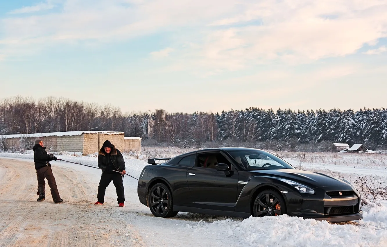 Photo wallpaper winter, landscape, Nissan GT-R, black.