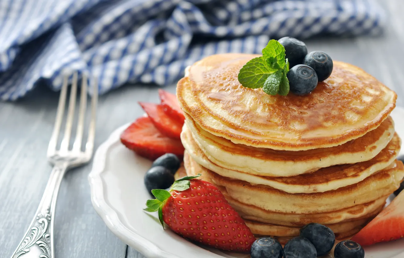 Photo wallpaper berries, food, blueberries, strawberry, pancakes, mint, food, cakes