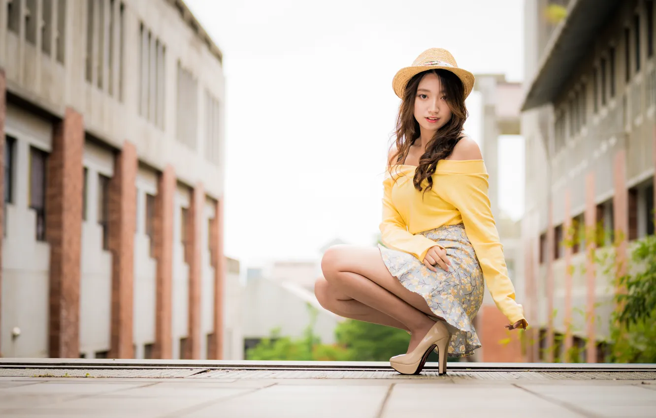 Photo wallpaper look, pose, skirt, hat, shoes, blouse, brown hair, Asian