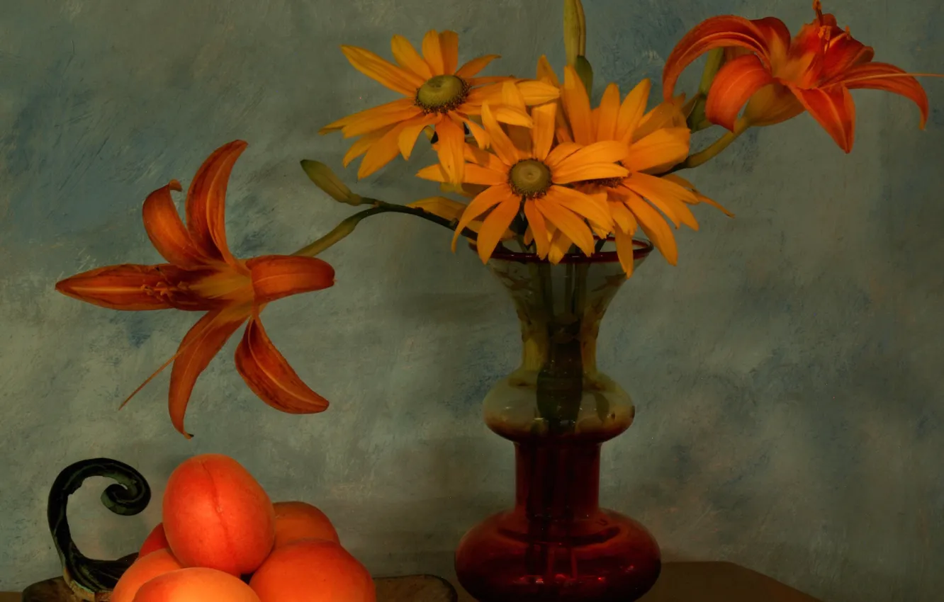 Photo wallpaper bouquet, petals, vase, still life, apricots