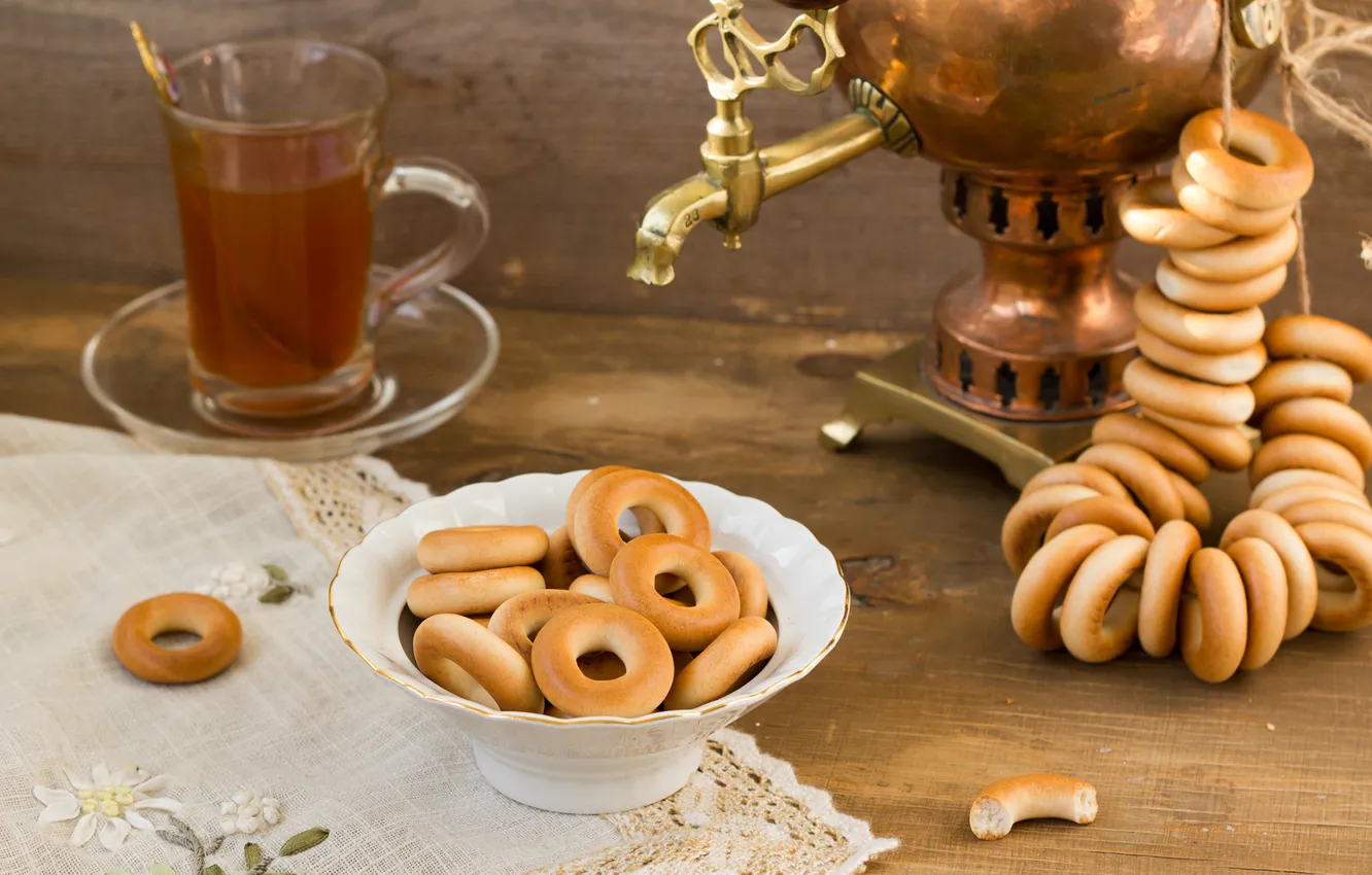 Photo wallpaper table, tea, Cup, bagels, samovar, tablecloth, drying