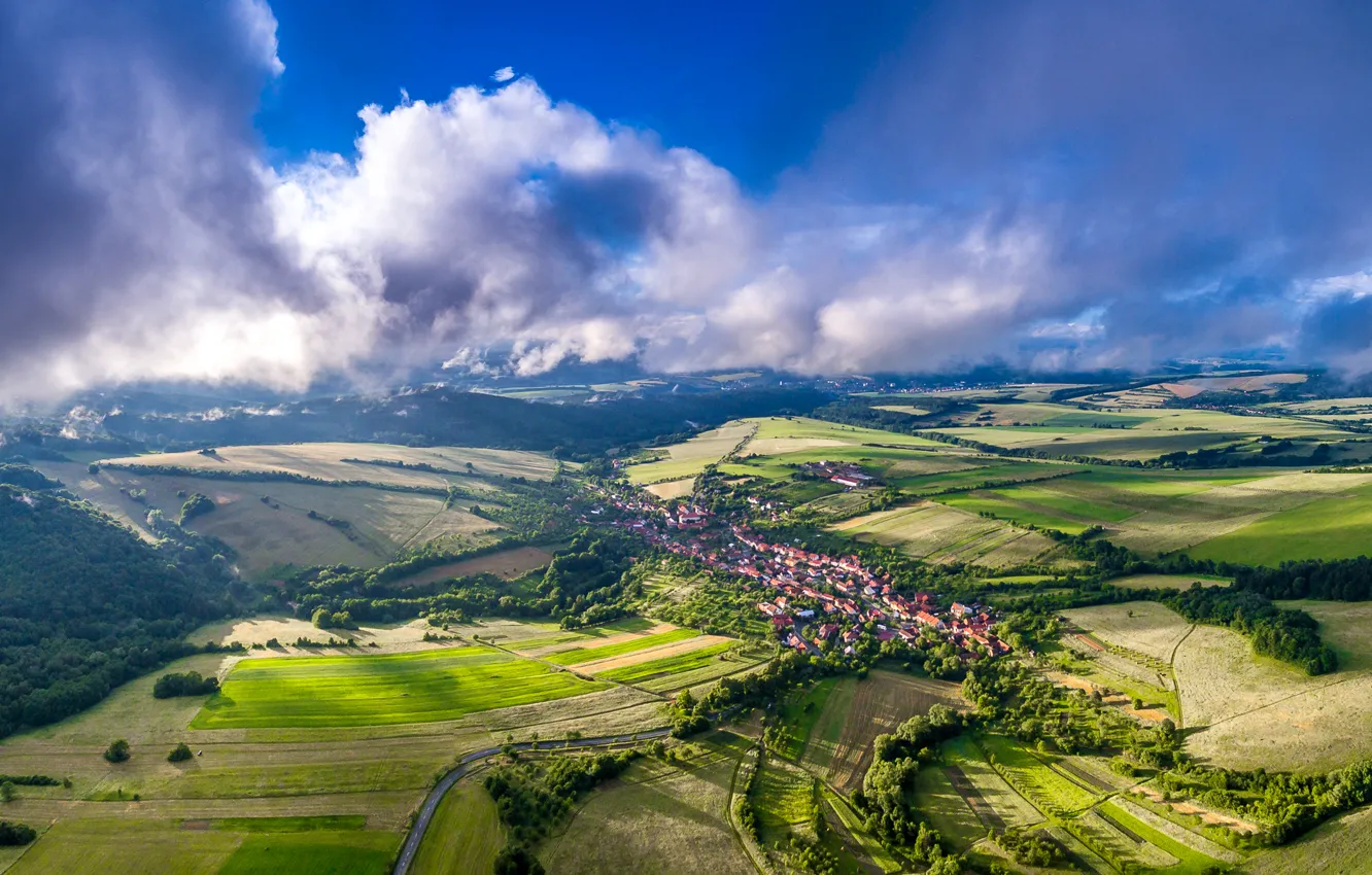 Photo wallpaper field, clouds, trees, home, Czech Republic, panorama, Bystrice Pod Lopenikem