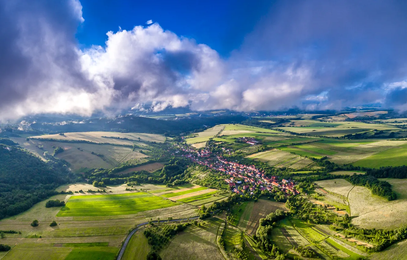 Photo wallpaper clouds, trees, field, home, Czech Republic, panorama, Bystrice Pod Lopenikem