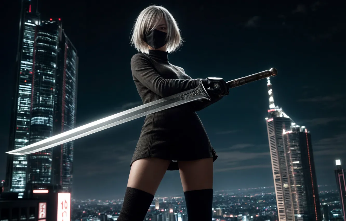 Photo wallpaper YoRHa No.2 Type B, sword, girl, the image is generated by AI, the city