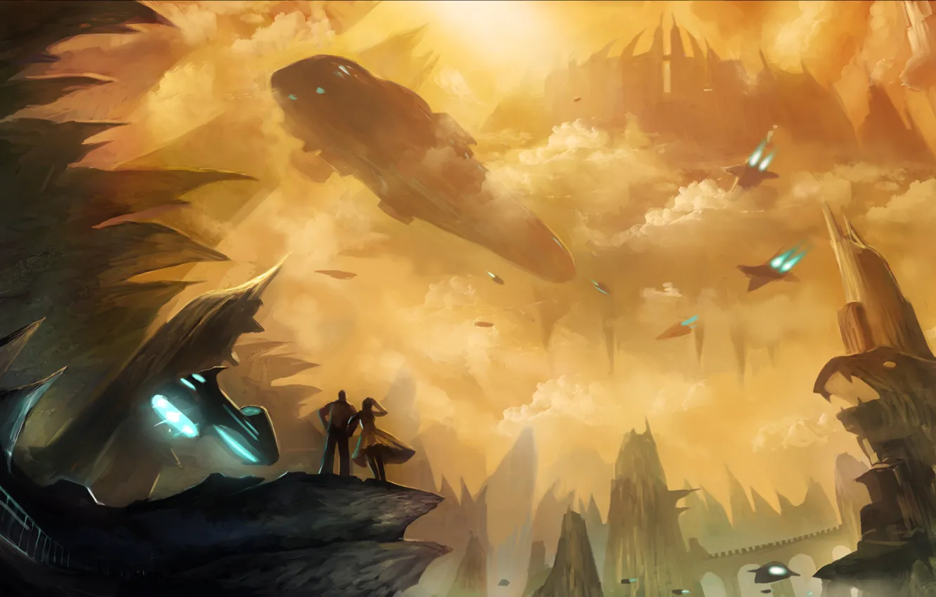 Photo wallpaper girl, future, fiction, rocks, ship, art, pair, guy