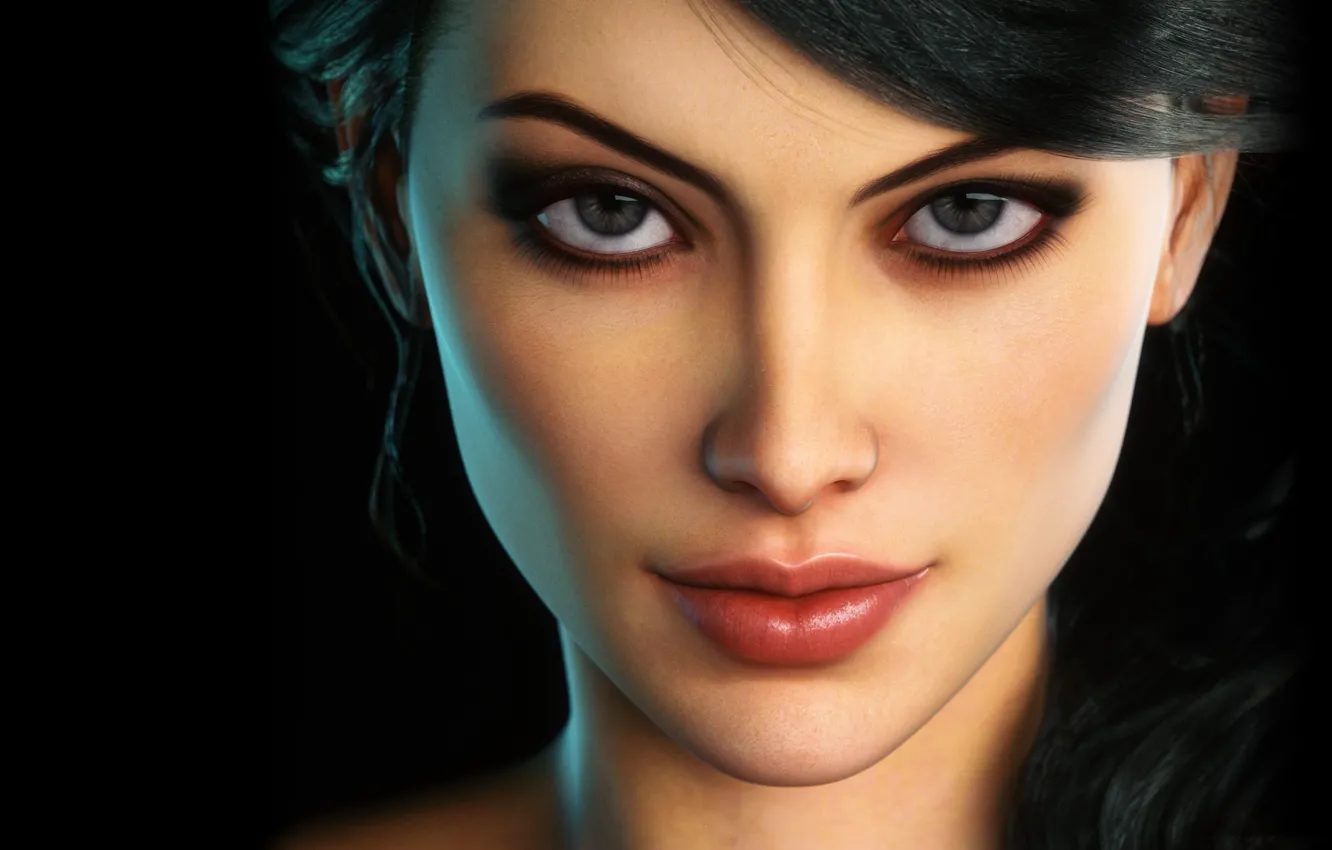 Photo wallpaper eyes, girl, face, eyelashes, makeup, brunette, lips, black background