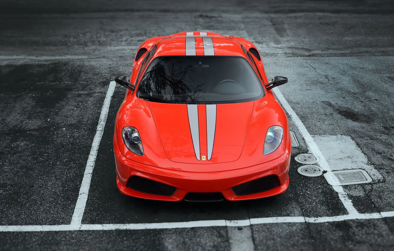 Photo wallpaper asphalt, red, strip, Parking, red, Ferrari, f430, the front