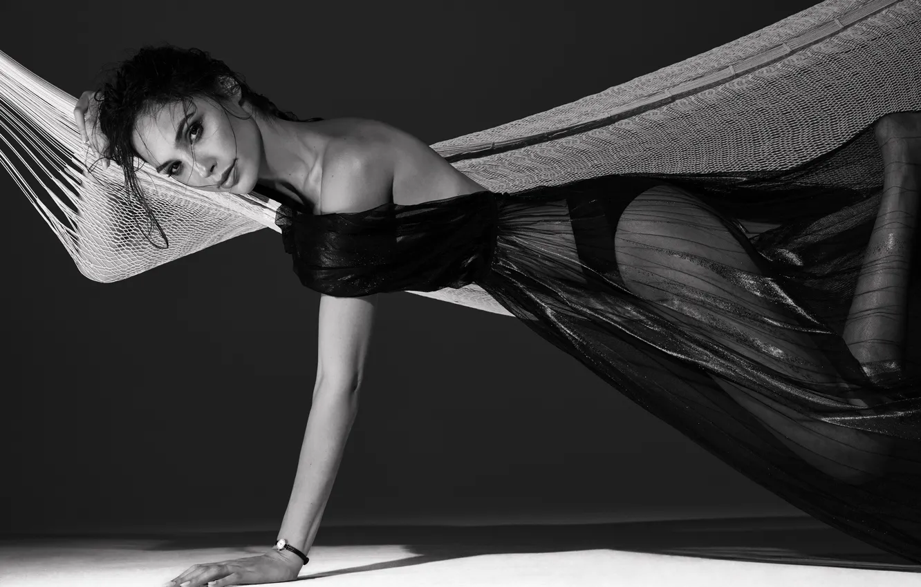 Photo wallpaper black & white, dress, model, look, actress, hammock, Gal Gadot