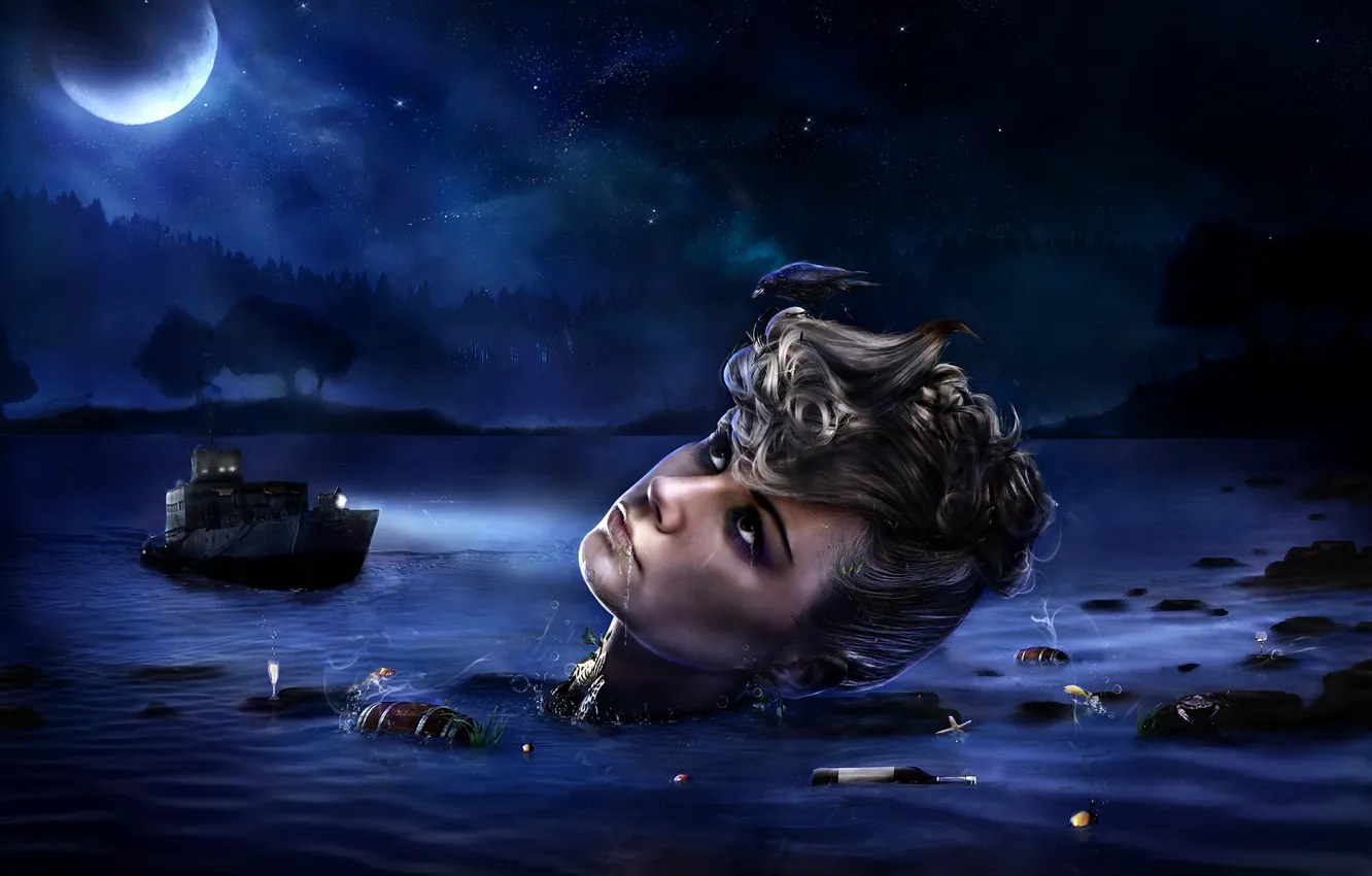 Photo wallpaper water, night, blue, collage, Head