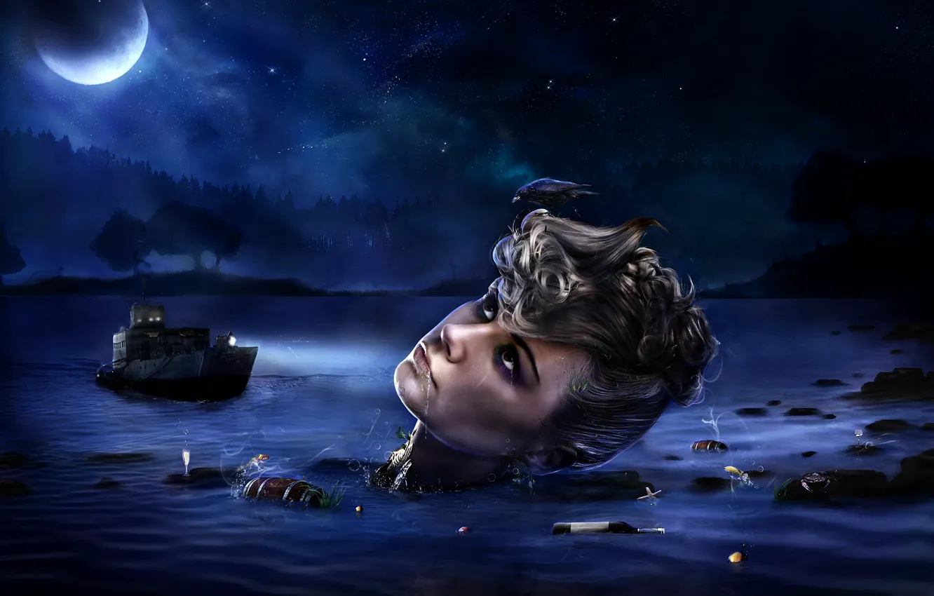 Photo wallpaper water, night, blue, collage, head