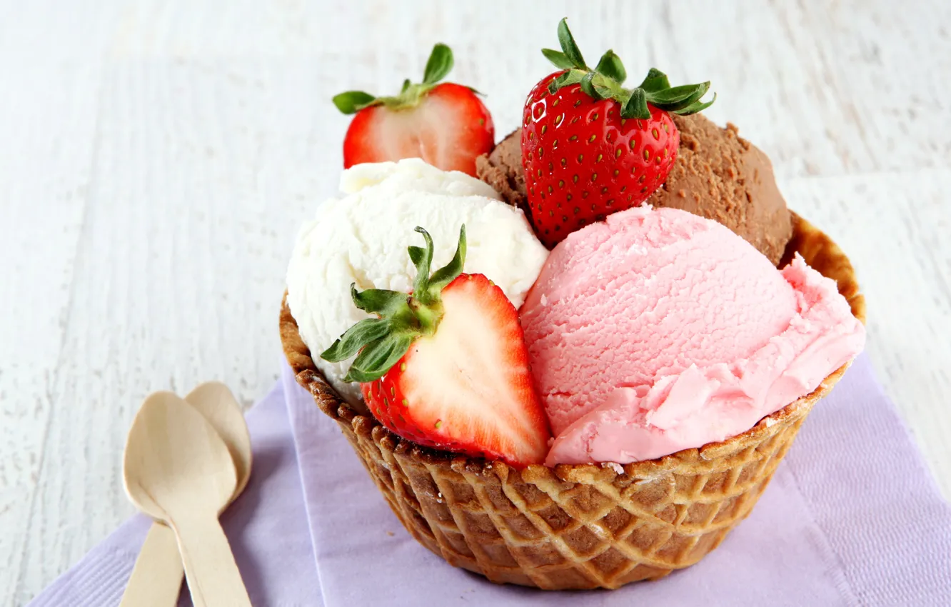 Photo wallpaper strawberry, ice cream, dessert, waffles, sweet, sweet, strawberry, dessert