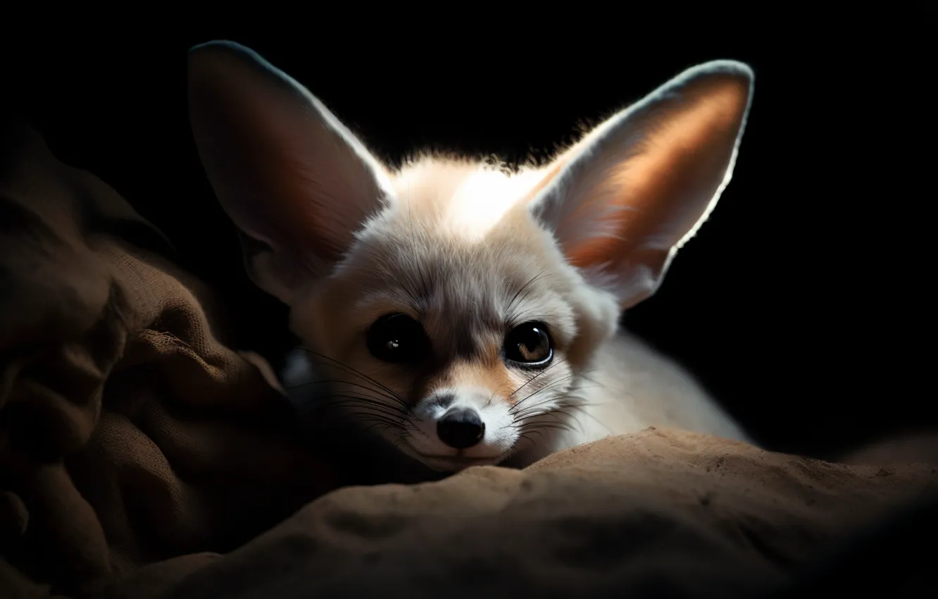 Photo wallpaper the dark background, portrait, Fox, cub, face, Fenech, digital art, Fenech
