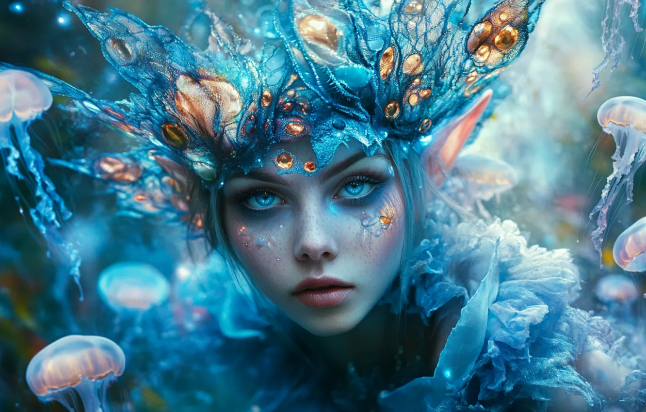 Photo wallpaper look, girl, fairy, fantasy, elf, blue tones, headdress, nymph