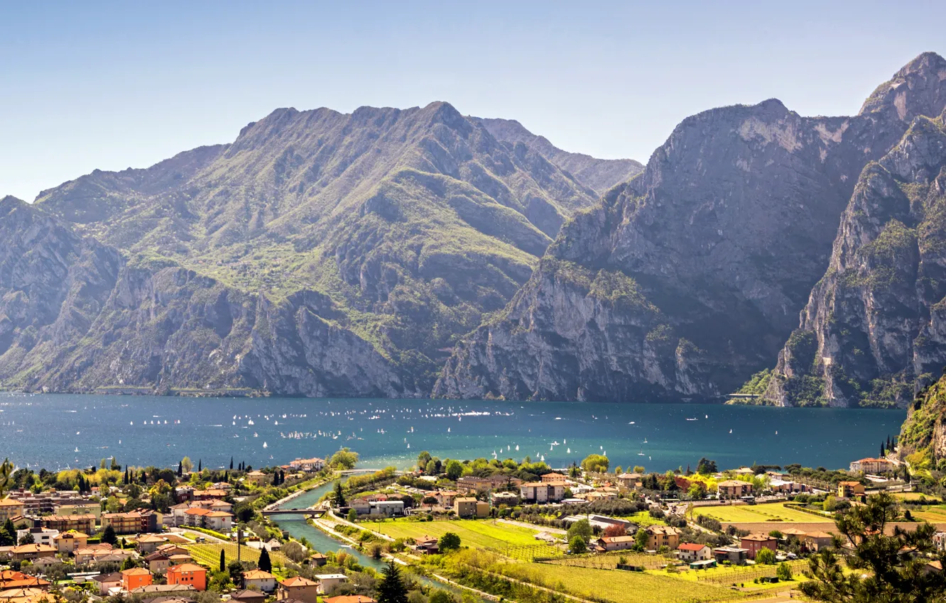 Photo wallpaper mountains, lake, home, Italy, town, Lake Garda, Torbole