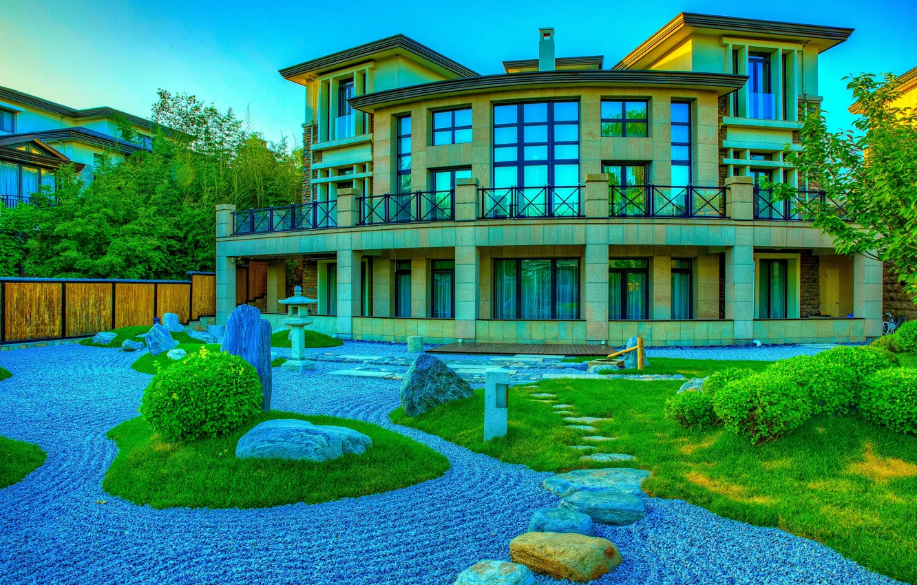 Photo wallpaper grass, the city, Park, stones, photo, home, China, the bushes