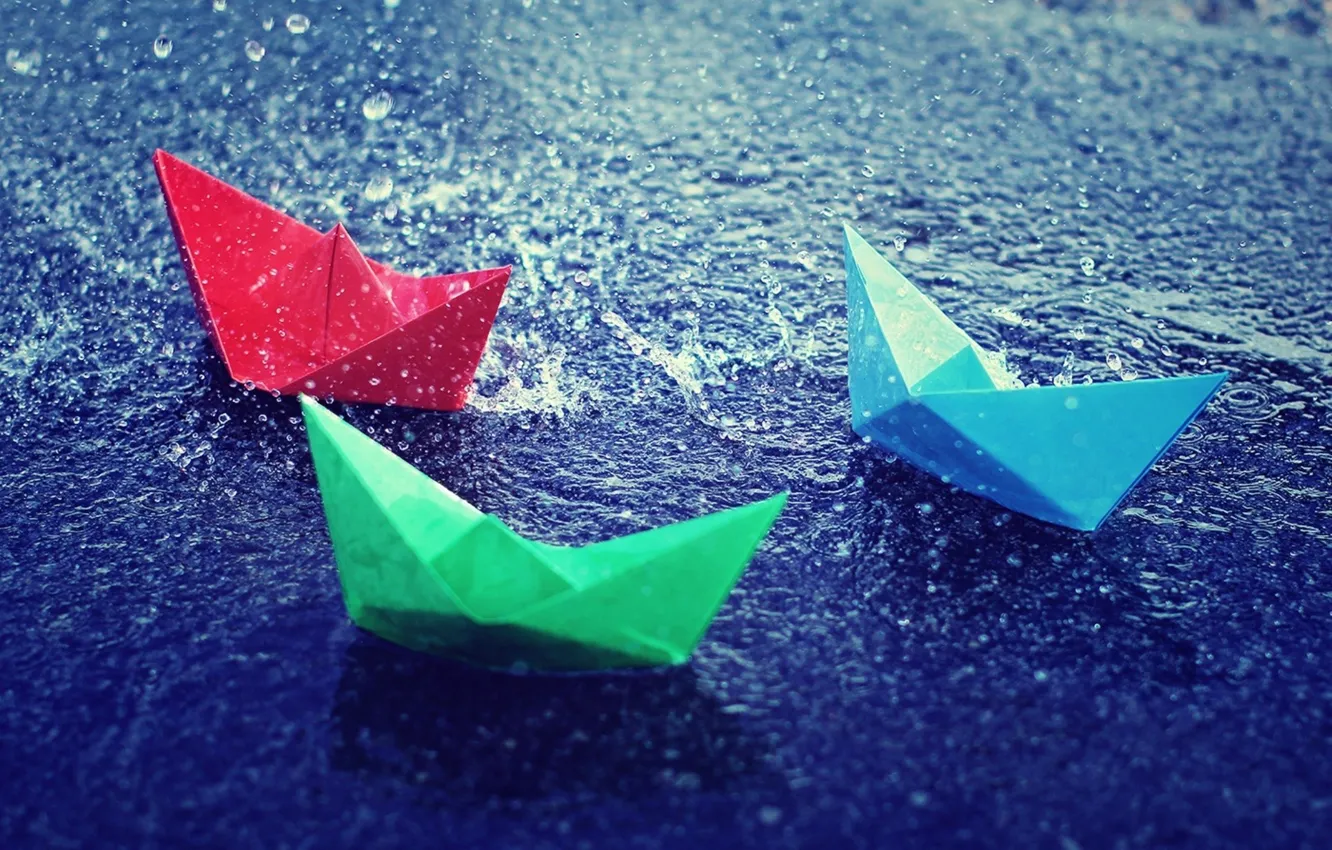 Photo wallpaper water, macro, nature, paper, rain, mood, boat, bright