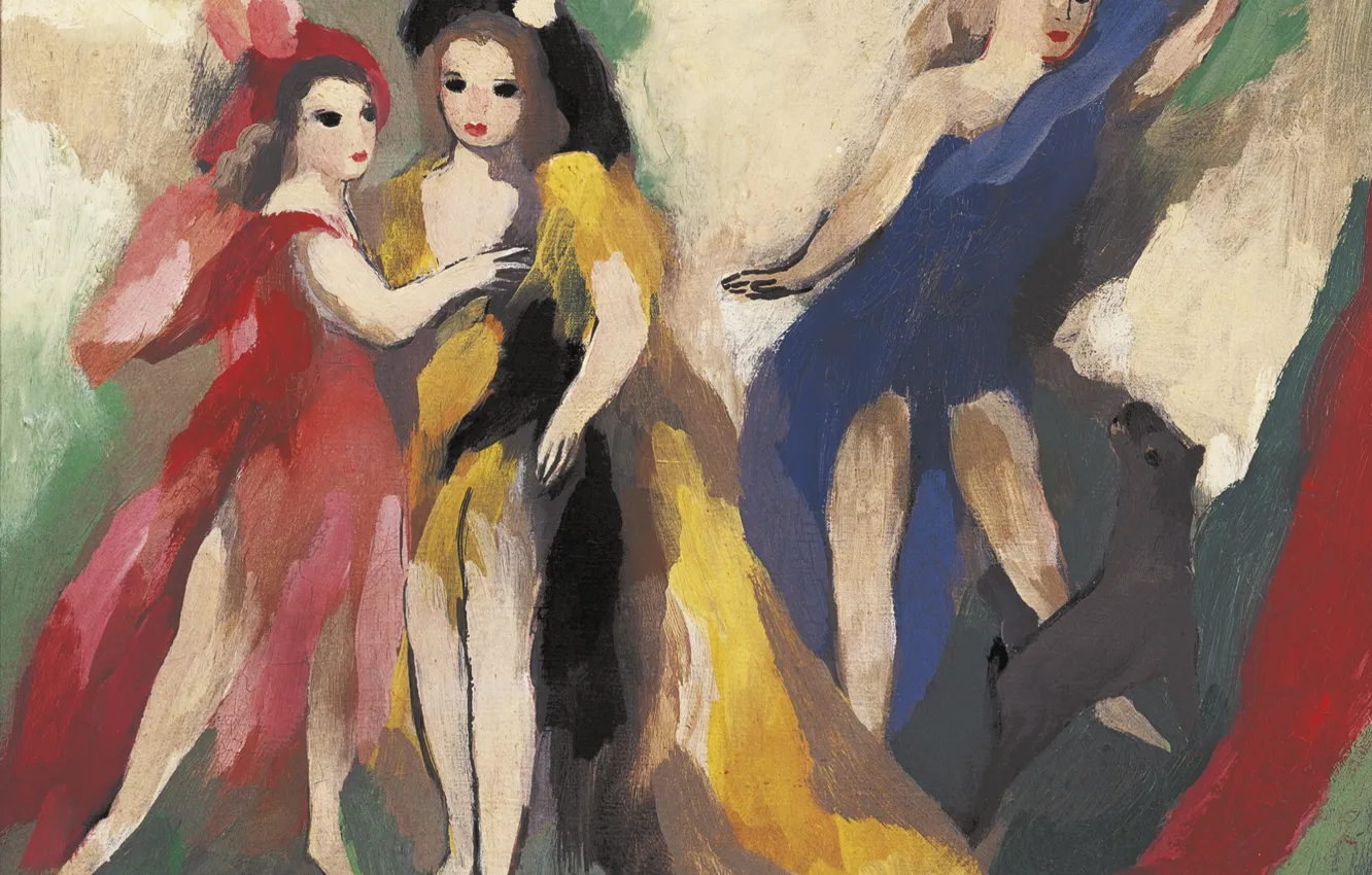 Photo wallpaper red dress, modern, three girls, blue dress, Marie Laurencin, yellow-black dress
