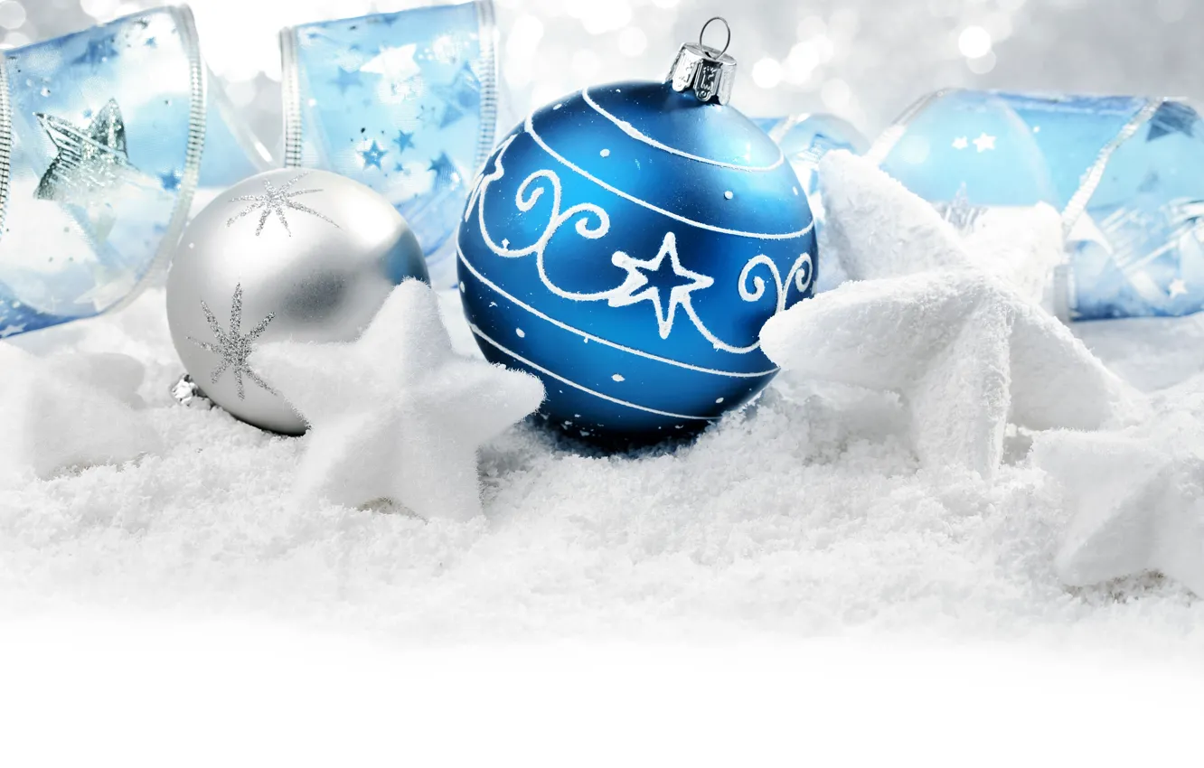 Photo wallpaper snow, decoration, holiday, balls, toy, new year, stars, ribbon