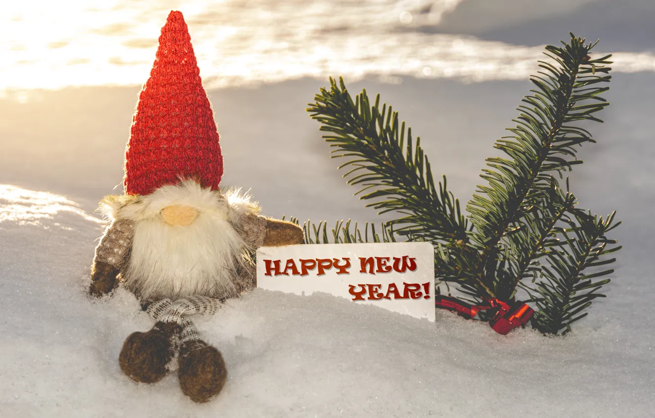 Photo wallpaper winter, light, snow, branches, holiday, the inscription, toy, new year