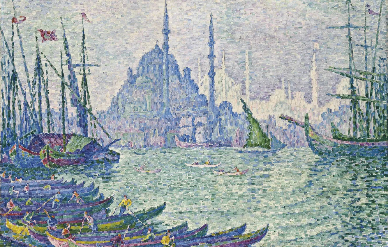 Photo wallpaper boat, picture, mosque, the urban landscape, Paul Signac, pointillism, The Golden Horn. Constantinople