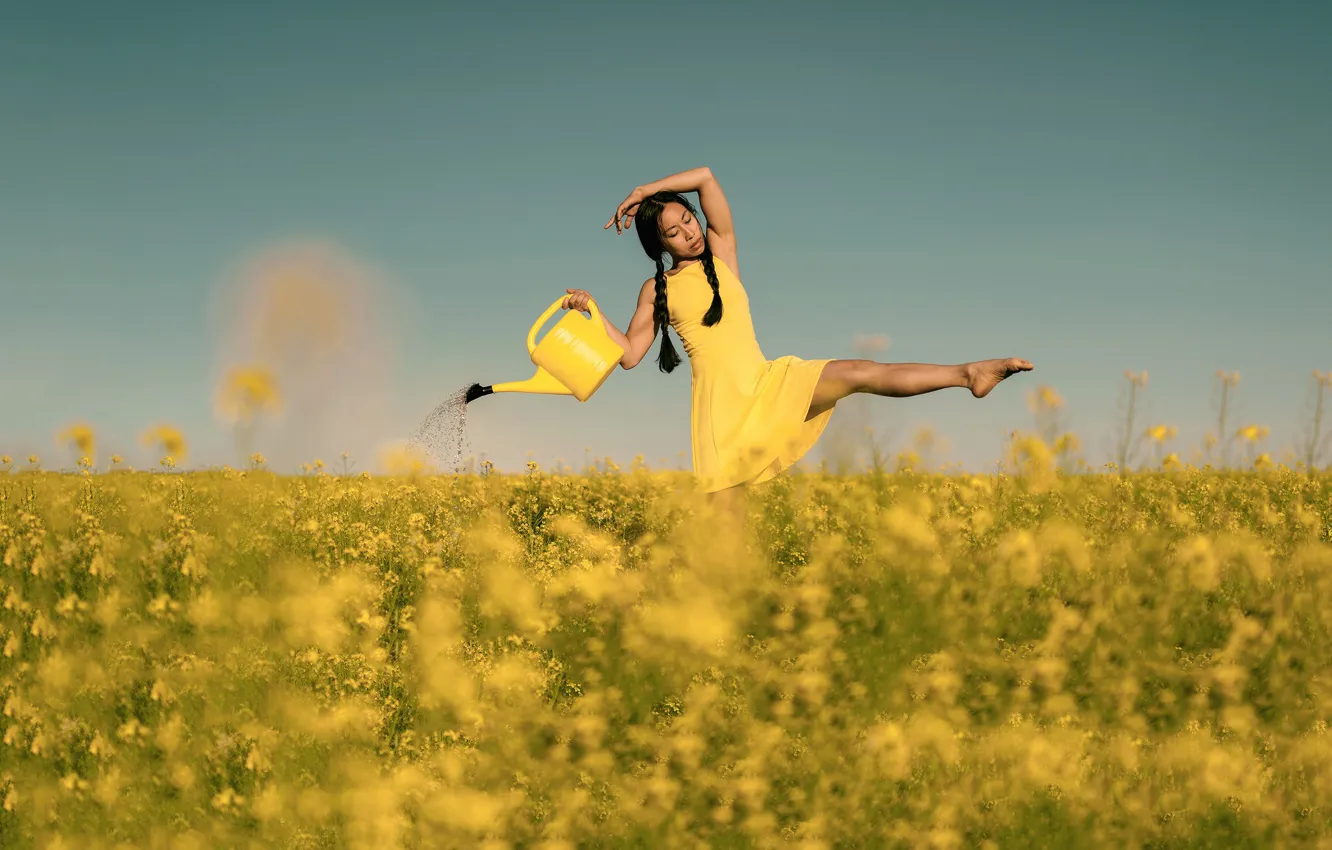 Photo wallpaper field, summer, girl, rape