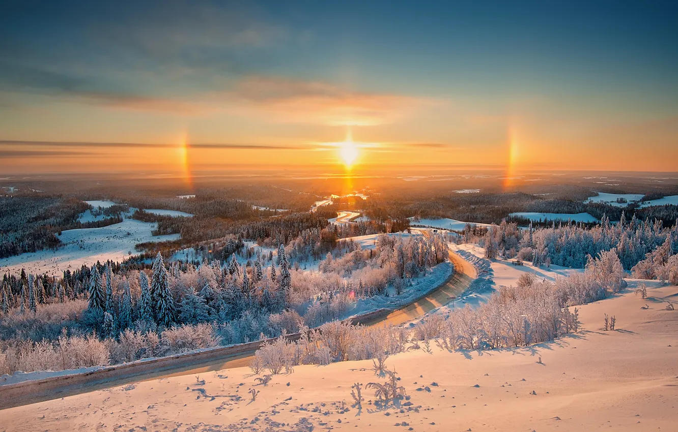 Photo wallpaper winter, frost, the sun, snow, lights, beauty, dal, space
