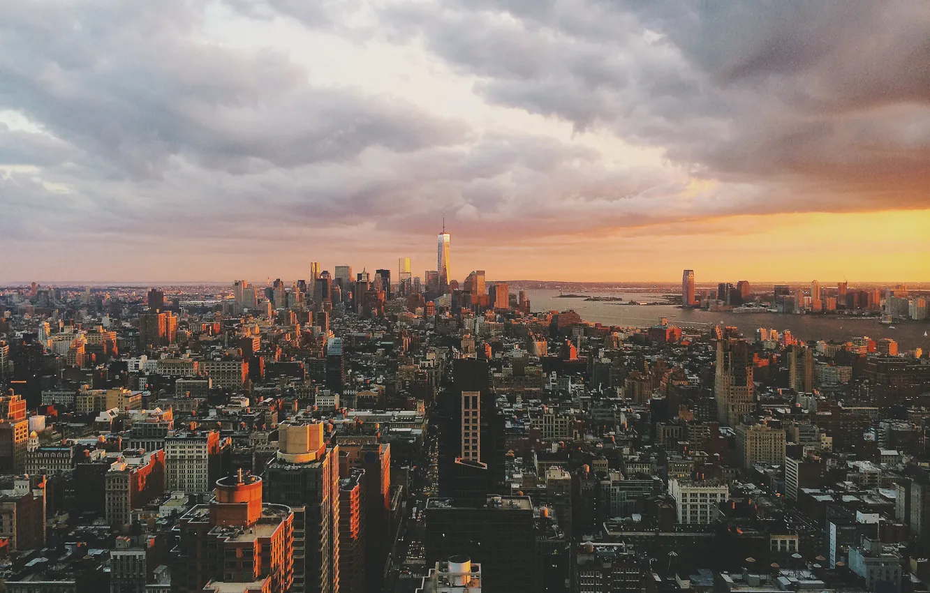 Photo wallpaper clouds, sunset, New York, horizon, Manhattan, One World Trade Center, United States, 1WTC